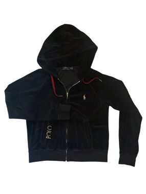 Polo Ralph Lauren Womens Black Velour Full Zip Hoodie Gold Pony Logo Size Small